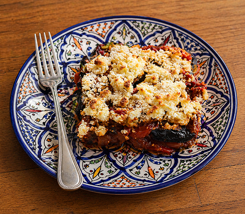Pepper and aubergine bake with feta and harissa