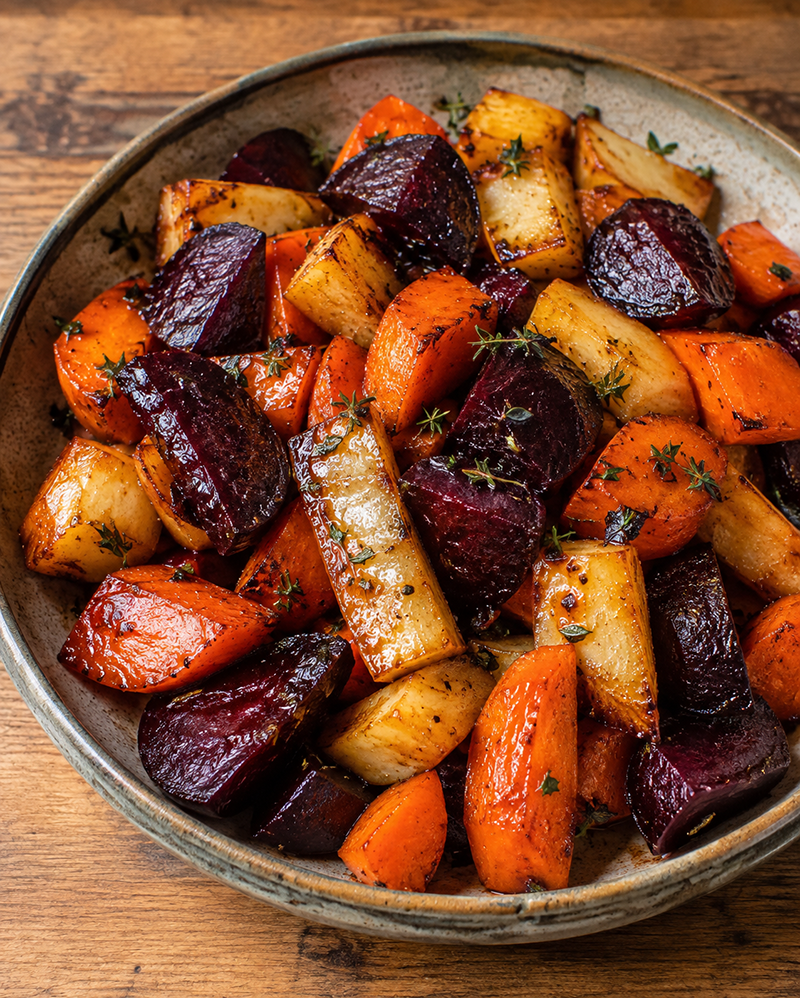 Honey roasted beetroot, carrots and parsnips