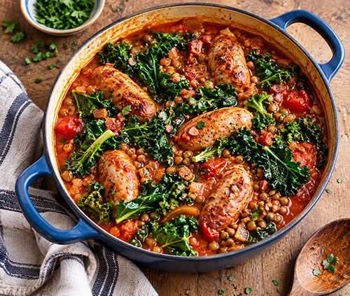 Sausage and braised puy lentils with kale